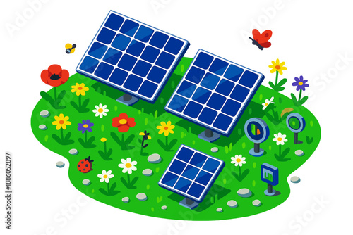 Solar Panel Meadow. Isometric vector illustration set Solar Panel Meadow: tilted solar panels, meadow flowers, small insects,