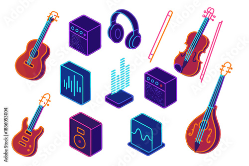 Neon Sound Chamber. Isometric vector illustration set Sound Chamber: neon string instruments, glowing amplifiers, floating