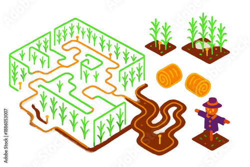Neon Corn Maze. Isometric vector illustration set Cornfield Maze: glowing maze walls, neon corn stalks, floating hay bales,