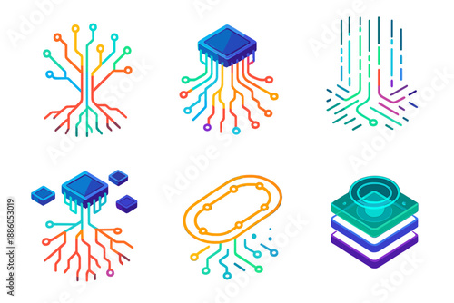 Circuitry Root System. Isometric vector illustration set Circuitry Root System: neon circuit tendrils, glowing root connectors,