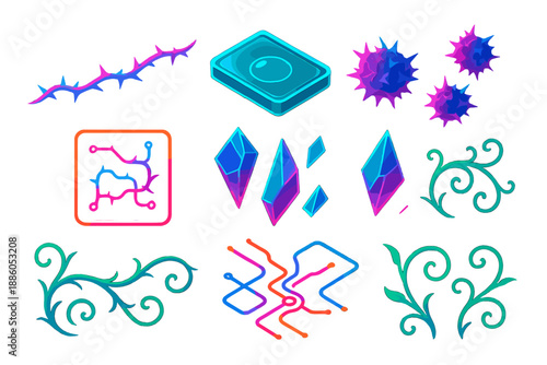 Neon Bramble Vectors. Isometric vector illustration set Bramble Wire Lens: neon thorn wires, glowing lens panels, floating bramble