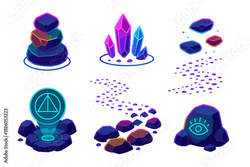 Neon Boulder Oracle. Isometric vector illustration set Talus Scree Oracle: neon boulder stacks, glowing crystal fragments,