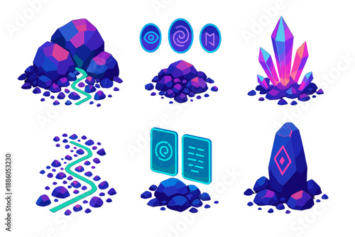Neon Crystal Landscape. Isometric vector illustration set Talus Scree Oracle: neon boulder piles, glowing crystal shards, floating