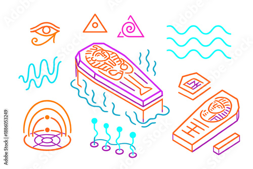 Neon Sarcophagus Vibration. Isometric vector illustration set Sarcophagus Hum Diagram: glowing coffin edges, neon hum waves,