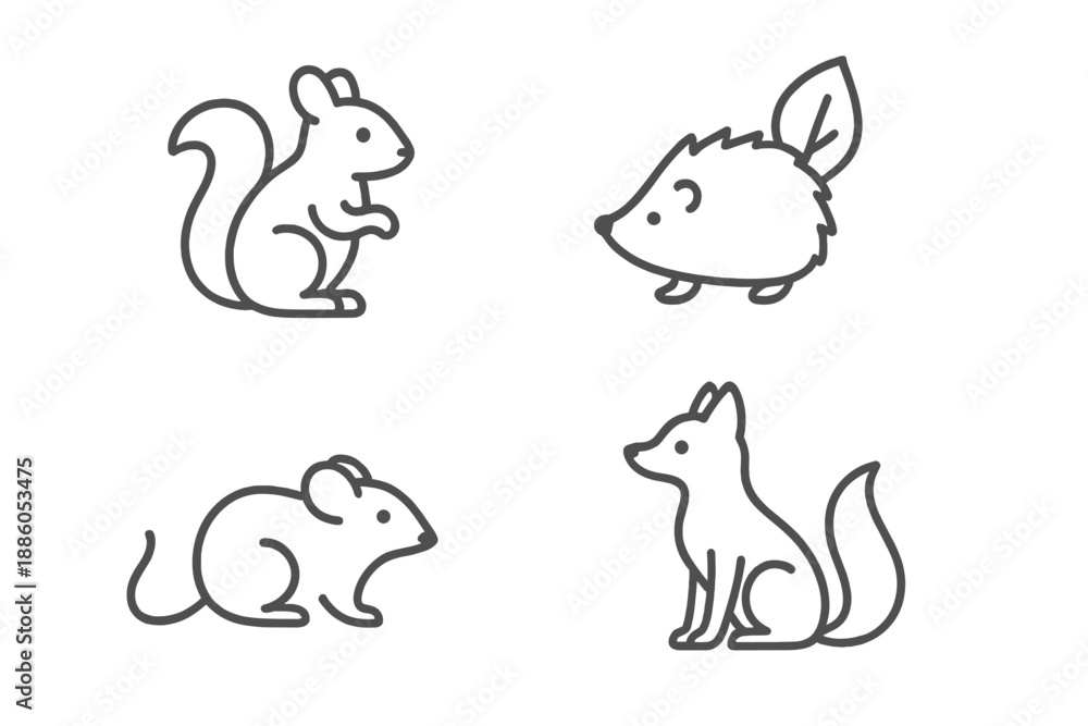 Obraz premium Woodland Animal Icons. Line style icons of Forest Animals: small woodland creature, soft outline, gentle stance, leaf-side