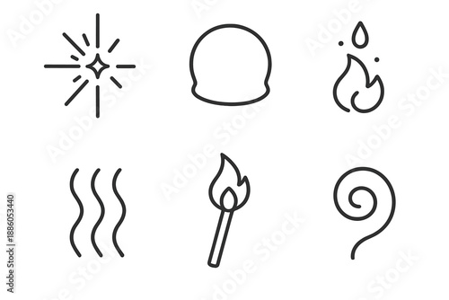 Heat Element Icons. Line style icons of Heat Elements: spark flick, warm glow shape, rising ember, heat wave line, burning tip,