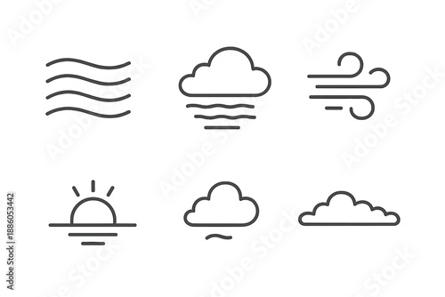 Atmosphere Line Icons. Line style icons of Atmosphere Scenes: layered haze, floating mist, gentle airflow, horizon glow, thin