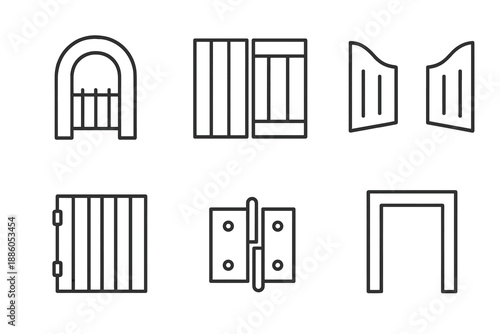 Gate Icon Designs. Line style icons of Gate: arched gate, wooden gate panels, open gate form, metal bars, hinge shape, entry frame