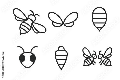 Line Style Bee Icons. Line style icons of Bee: flying bee, bee wings, bee body, bee head, bee stinger, bee pair. No text, No
