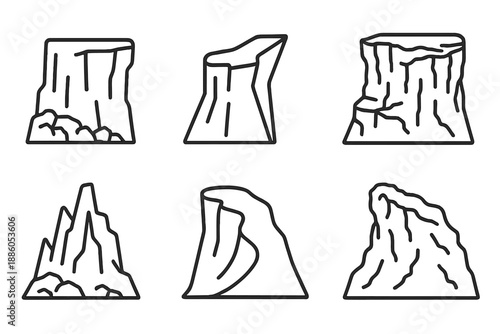 Cliff Line Icons. Line style icons of Cliff: rocky cliff, sharp edge, layered rock, steep face, jagged rise, uneven slope. No text