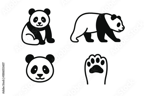 Panda Line Icons. Line style icons of Panda: sitting panda, walking panda, panda face, round ears, gentle paw, soft belly curve.