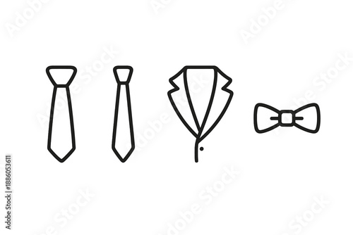 Formal Wear Icons. Line style icons of Formal Wear: tied knot form, narrow tie curve, gentle fold, fabric strip, soft contour,