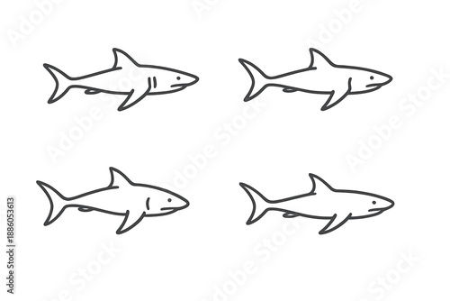 Ocean Hunters Icons. Line style icons of Ocean Hunters: swift form, dorsal hint, light fin sweep, narrow body curve, soft contour,