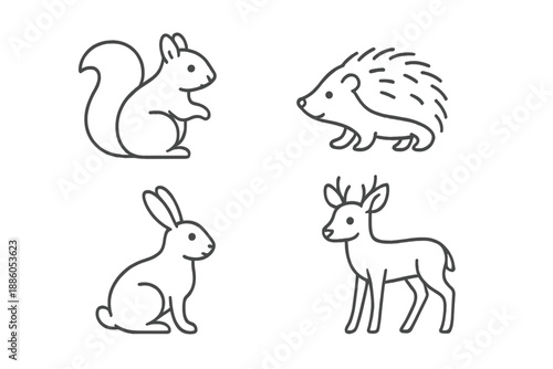 Forest Animal Icons. Line style icons of Forest Animals: small tree-dweller, calm outline, light limb curve, soft face mark,