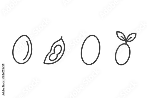Harvest Seed Icons. Line style icons of Harvest Seeds: soft kernel arc, tiny pod, natural curve, smooth outline, gentle shape,