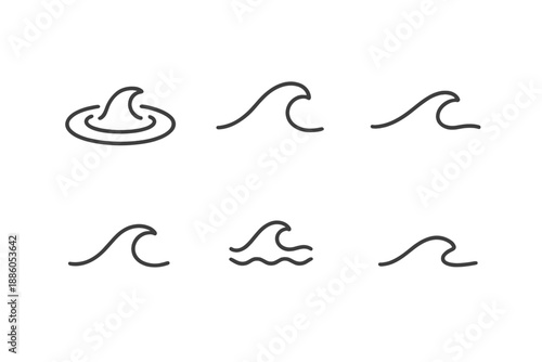 Water Shape Icons. Line style icons of Water Shapes: ripple fin hint, soft crest, gentle curve, flowing arc, wave touch, minimal