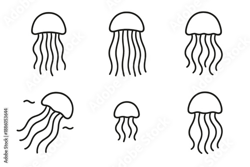 Jellyfish Line Icons. Line style icons of Jellyfish: floating jellyfish, long tentacles, bell shape, soft drift, tiny pulsation,