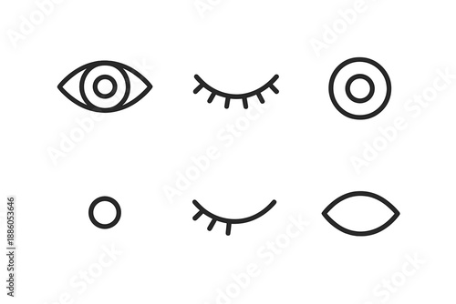 Eye Line Icons. Line style icons of Eye: open eye, closed eye, iris ring, minimal pupil, lash arc, soft contour. No text, No