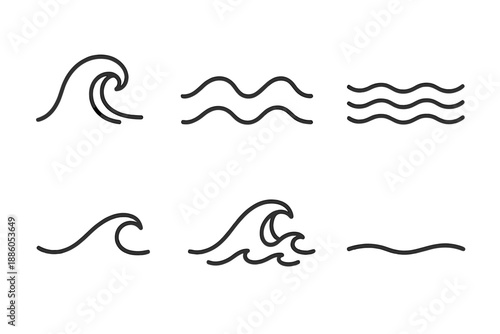Ocean Motion Icons. Line style icons of Ocean Motion: rolling wave, gentle surge, calm ripple, flowing arc, tide sweep, minimal
