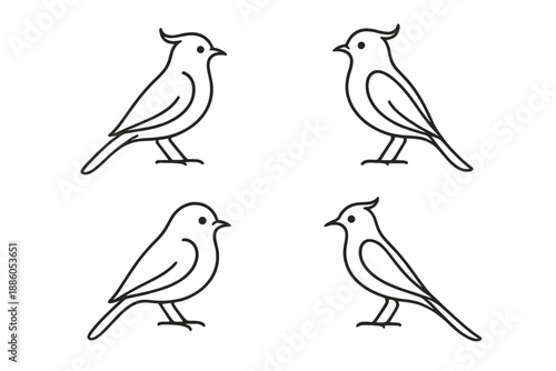 Ornamental Bird Icons. Line style icons of Ornamental Birds: graceful outline, soft plume curve, subtle crest, slender body,