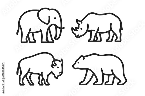 Line Style Mammal Icons. Line style icons of Large Mammals: heavy outline, broad body arc, subtle horn tip, thick limb line,