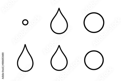 Line Style Water Droplets. Line style icons of Water Droplets: tiny bead, curved droplet, soft sphere, gentle fall, minimal liquid
