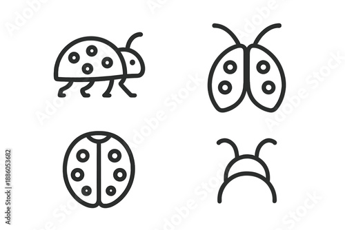 Ladybug Line Icons. Line style icons of Ladybug: walking ladybug, ladybug wings, spotted shell, tiny legs, curved antennae,