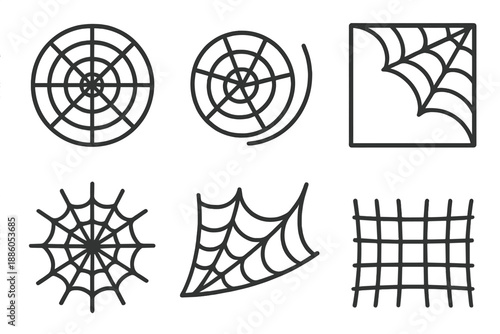 Web Line Icons. Line style icons of Web: circular web, spiral web, corner web, radial threads, curved strands, simple mesh. No