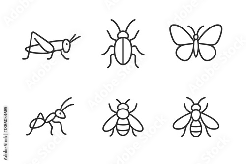 Line Style Insects Icons. Line style icons of Insects: tiny hopper, soft leg arc, slender antenna line, small body form, delicate