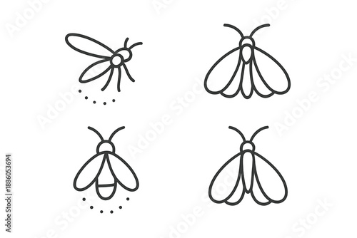 Night Insect Icons. Line style icons of Night Insects: small flier, gentle wing arc, subtle glow hint, curved outline, tiny body,