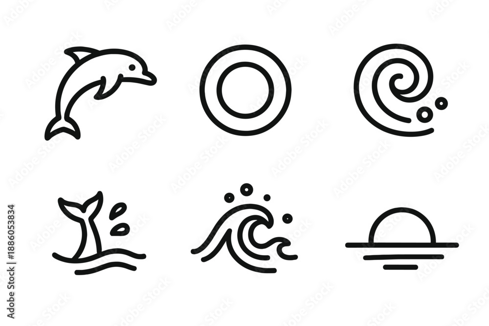 Obraz premium Ocean Ring Icons. Line style icons of Ocean Ring Flow: agile dolphin form, circular buoy, water spiral, tail sweep, foam hints,
