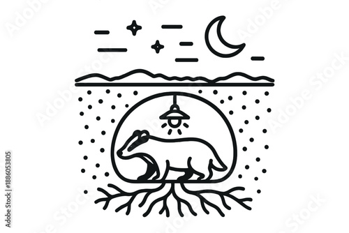 Earth Home Icons. Line style icons of Earth Home Illumination: badger-like stance, round tunnel, packed soil, soft light source,