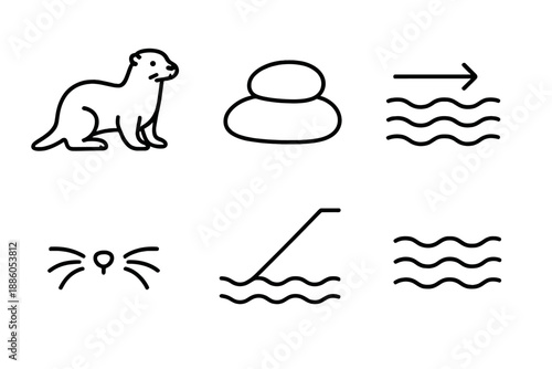 Flowing Stone Habitat Icons. Line style icons of Flowing Stone Habitat: otter-like figure, stone bed, steady current, whisker arcs