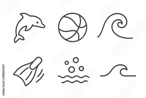 Marine Ball Icons. Line style icons of Marine Ball Motion: aquatic creature, round ball, wave curl, flipper sweep, foam hints,