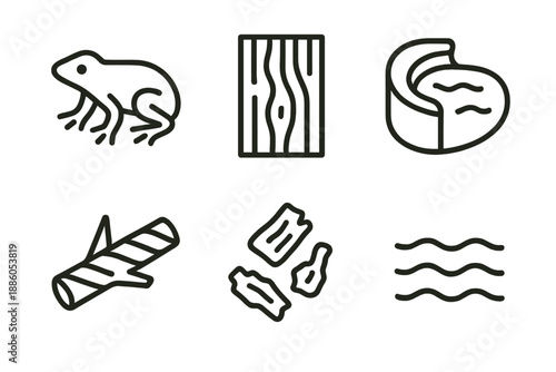 Waterwood Habitat Icons. Line style icons of Waterwood Habitat: creature shape, wooden wall, pond edge, stripped branch, timber