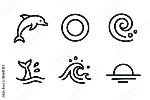 Ocean Ring Icons. Line style icons of Ocean Ring Flow: agile dolphin form, circular buoy, water spiral, tail sweep, foam hints,