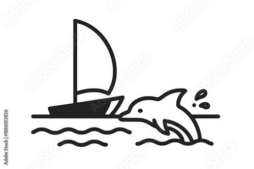 Sailwater Mammal Icons. Line style icons of Sailwater Mammal Scene: strong silhouette, curved sail, smooth sea, fin outline,