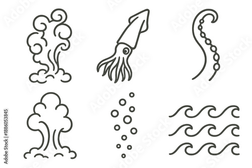Undersea Ink Swirl. Line style icons of Undersea Ink Swirl: swirling plume, squid profile, tentacle linework, spreading mist, tiny