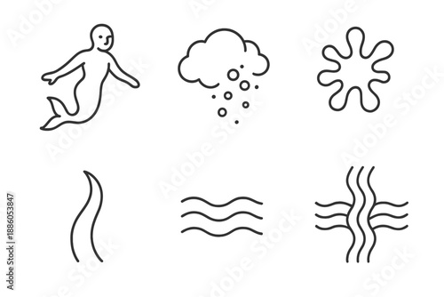 Ocean Shadow Icons. Line style icons of Ocean Shadow Dispersal: aquatic figure, dissolving cloud, ink splash, limb curve, subtle