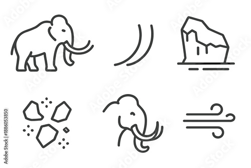 Glacial Tusk Icons. Line style icons of Glacial Tusk Presence: sturdy creature, tapered tusks, glacier edge, icy fragments, snout