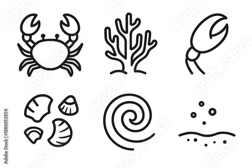 Crustacean Reef Icons. Line style icons of Crustacean Reef Grip: crab-like outline, reef coral, gripping claw, shell bits, ocean