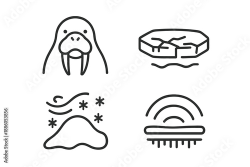 Polar Ice Dweller Icons. Line style icons of Polar Ice Dweller: walrus-like form, pointed tusks, cracked ice, snow drift, muzzle