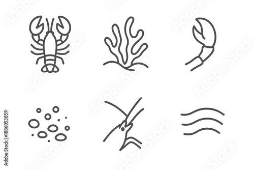 Coralhold Lobster Icon. Line style icons of Coralhold Claw Motion: sturdy lobster form, reef bloom, extended claw, seabed grit,