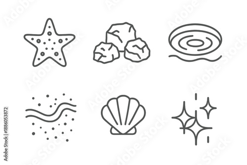 Rocky Starfish Icons. Line style icons of Rock Edge Star: starfish figure, rugged stones, calm basin, fine sand, shell trace,