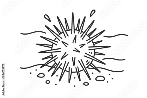 Spined Ocean Orb Icons. Line style icons of Spined Ocean Orb: round body, long spines, sand bed, small stones, splash marks, tidal