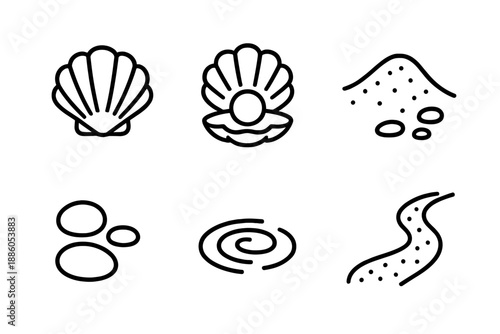 Coastal Pearl Icons. Line style icons of Coastal Pearl Rest: shell form, nestled pearl, warm sand, small stones, soft ripple,
