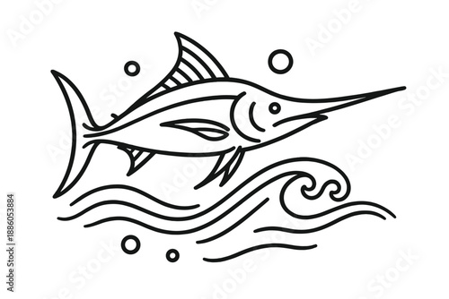 Marine Spear Fish Icon. Line style icons of Marine Spear Fish: sleek fish form, pointed snout, ocean flow, tail curve, foam rings,