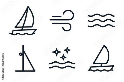 Breeze Mast Icons. Line style icons of Breeze Mast Voyage: streamlined boat, angled sail, airflow marks, tide pattern, rig line,