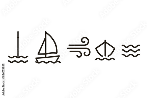 Sailing Line Icons. Line style icons of Mast Sail Breeze: upright mast, open sail, wind streaks, sea motion, bow outline, ripple