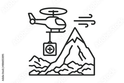Highpeak Rescue Icons. Line style icons of Highpeak Aid Drop: rescue craft, tall mountain, suspended line, rotor circle, rugged
